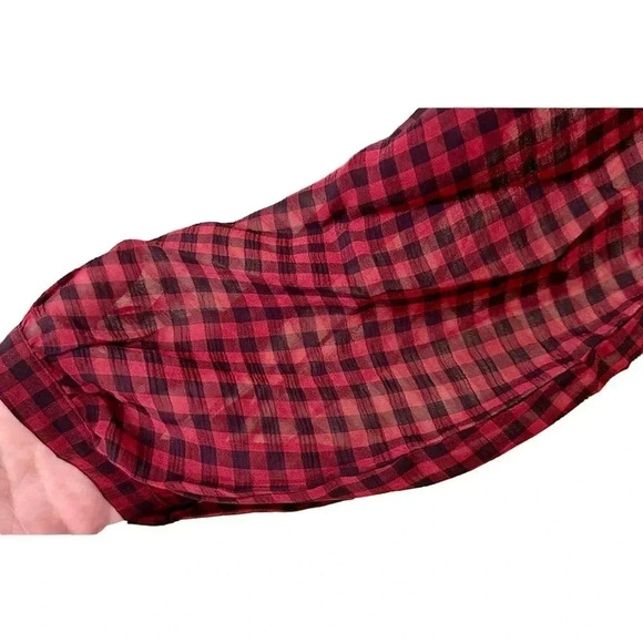 Olivaceous Plaid Ruffled Lantern Sleeve Off Shoulder Sheer Blouse NWT - Picture 2 of 4